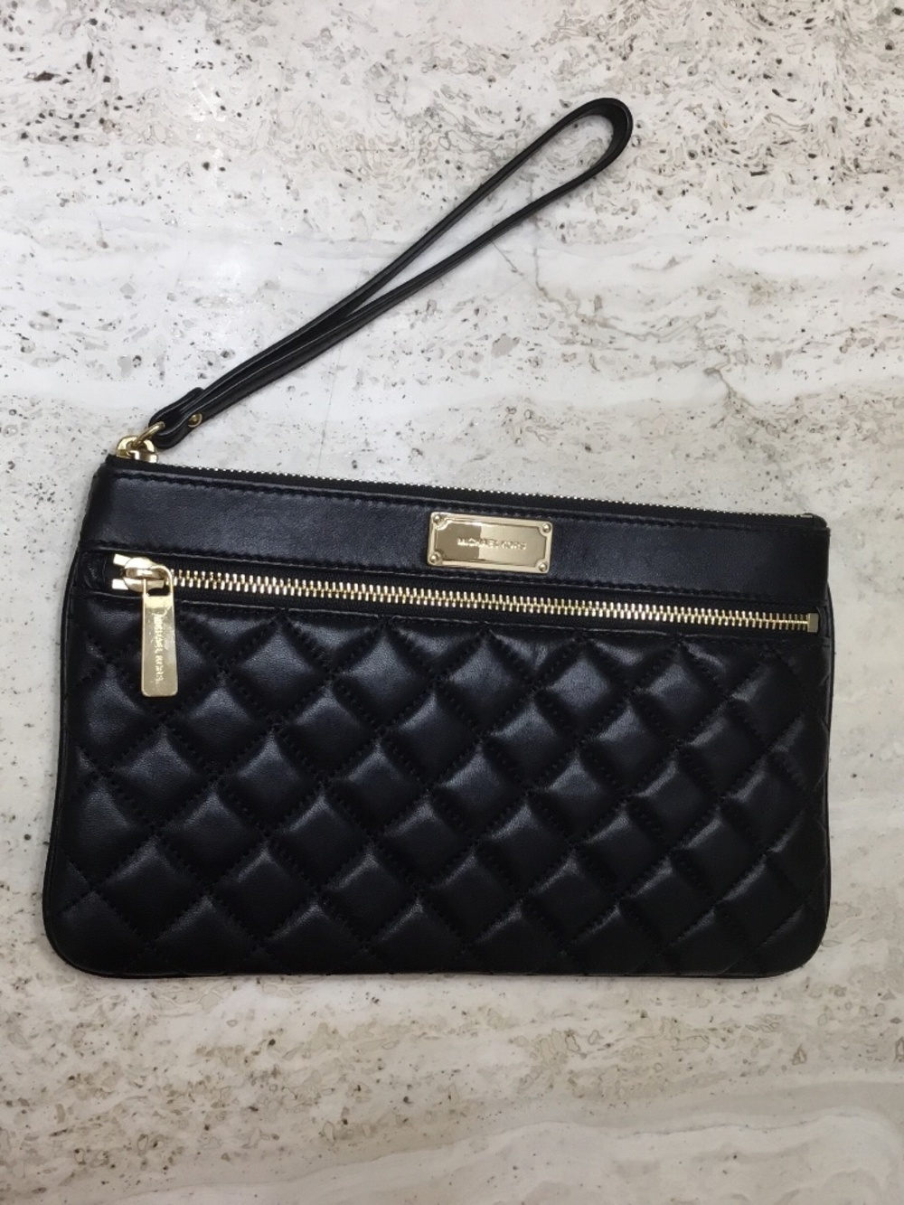 Michael Kors Black Quilted Wristlet With Gold Tone Accents